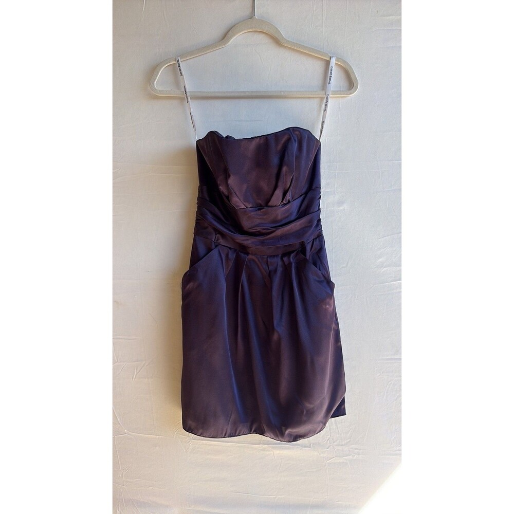 David's Bridal Strapless Satin Cocktail Dress with Pockets in Plum 2